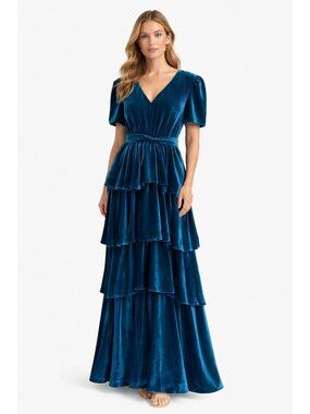 Teal Velvet Tiered Midi Dress Size 10 V-Neck Puff Sleeve Ruffle